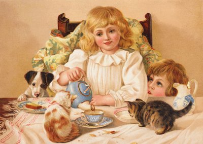 Familjens tebjudning (chromolitho) av English School
