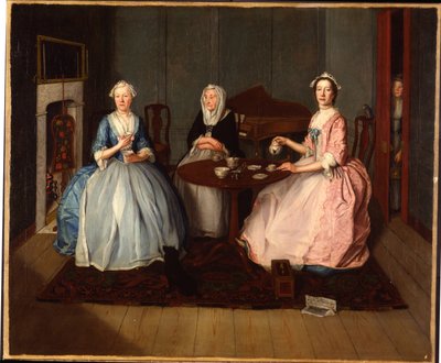 En familj i ett inre som tar te, c.1740 av English School