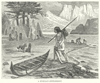 Eine Feuerland-Siedlung (Gravur) von English School