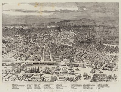 En allmän bild av Belfast, Ulster, den högsta tillverkande staden Irland (gravyr) av English School