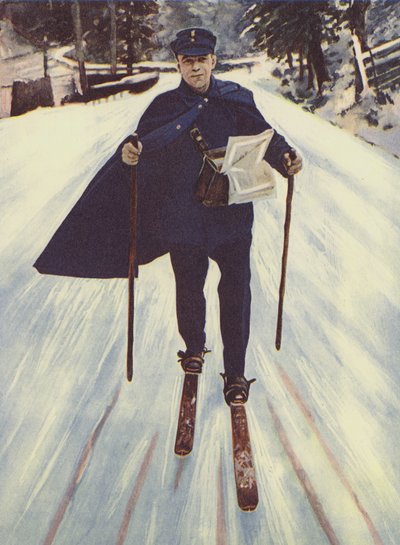En tysk brevbärare på skidor (färg litho) av English School