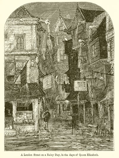 En London Street på en regnig dag, på drottning Elizabeths dagar av English School