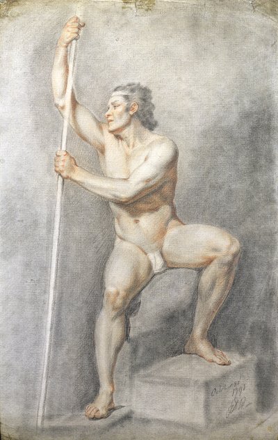 En naken man som håller en stav, ca 1770 (färgade kritor på papper) av English School
