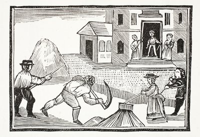 En man som klipper gräs med en lie, som tog allt före det, illustration från Chap-books of the Eighteenth Century av John Ashton, pub. 1882 av English School