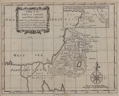En karta över Kanaans land och angränsande delar, vid tiden för Abrahams ankomst för att vistas i landet, som visar de olika människor och platser som nämns i patriarkernas historia (gravyr) av English School