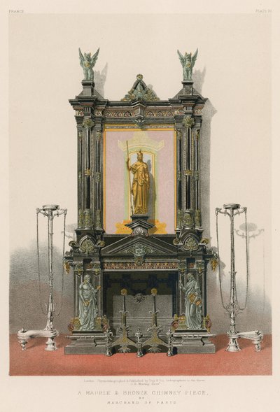 En skorstensbit i marmor och brons av Marchand från Paris (chromolitho) av English School