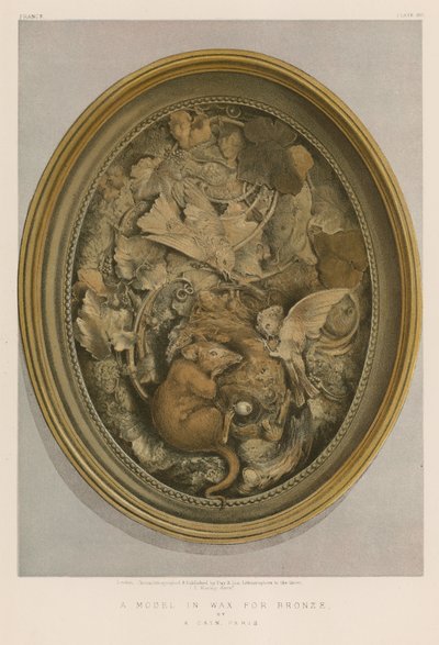 En modell i vax för brons av A Cain, Paris (chromolitho) av English School