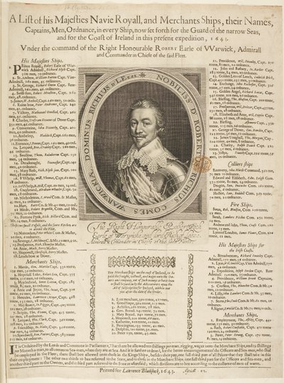 En sjöfartslistning med porträtt av jarlen av Warwick av English School