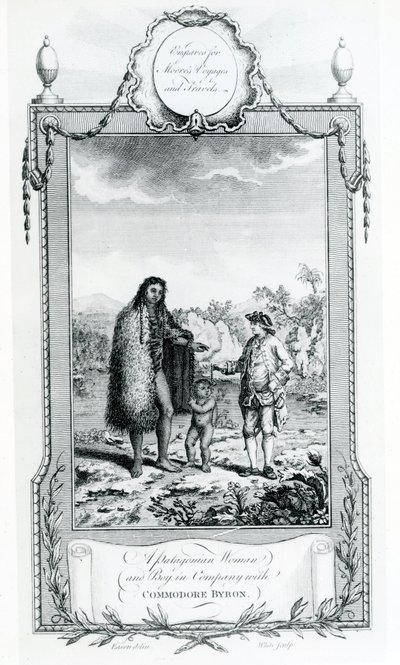 En patagonisk kvinna och pojke i sällskap med Commodore Byron, illustration hämtad från Moores Voyages and Travels, 1778 av English School