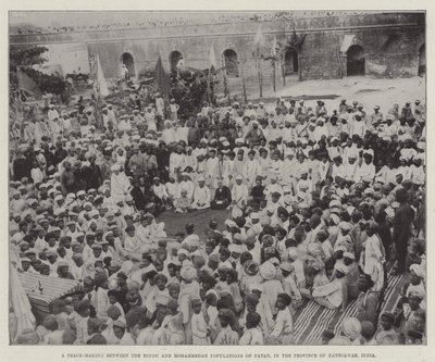 Ett fredsskapande mellan den hinduiska och muhammedanska befolkningen i Patan, i provinsen Kathiawar, Indien (gravyr) av English School