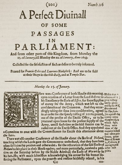 A Perfect Diurnall, faksimil på förstasidan av nummer 26, 1643, illustration från Cassells Illustrated History of England (sepiafoto) av English School