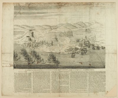 A Perspective Draft of Town, Harbour and Forts of Carthagena 1739, publicerad 1741 (linjegravyr) av English School