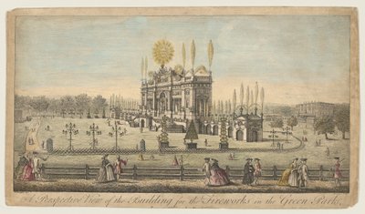 En perspektivvy av byggnaden för fyrverkerierna i Green Park, London av English School