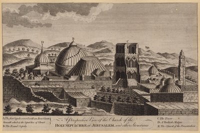 En perspektivvy av den heliga gravens kyrka i Jerusalem och andra strukturer (gravyr) av English School