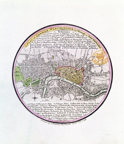 A Plan of London, Westminster och Borough of Southwark, 1793 (handfärgad gravyr) av English School