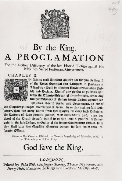 En kungörelse av kungen, för ytterligare upptäckt av den sena fasansfulla planeringen mot Hans Majestät, helig person och regering, 27 november 1678 av English School