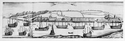 En utsikt över Chatham Dock från Finsbery Windmill (gravyr) av English School