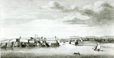 Utsikt över Moros slott och Havanna stad från havet, graverad av Pierre Charles Canot efter en ritning av en officer i den brittiska flottan, 1818. av English School