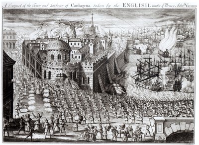 En utsikt över staden och hamnen i Carthagena, tagen av engelsmännen under den tappre amiral Vernon, 1741 av English School