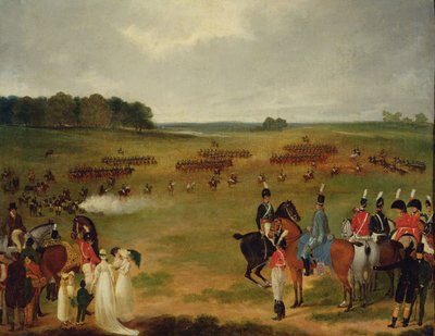 En recension av Londons frivilliga kavalleri och flygande artilleri i Hyde Park 1804, ca 1804 (olja ombord fastställd på panel) av English School