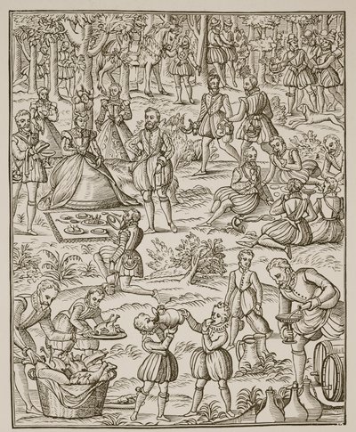 A Royal Picnic, tallrik från Noble Art of Venerie and Hunting av George Turberville, 1575 (sepiafoto) av English School
