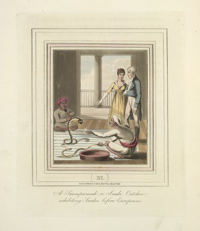 En Saumpareeah eller ormfångare som ställer ut ormar inför européer, ca 1824 (färg litho) av English School