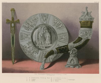 A Scandinavian Drinking Horn av J G Schwartz and Son, A Dagger av J Didrichsen, A Salver av C Möller, Köpenhamn av English School