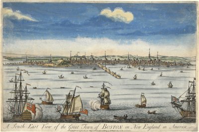 En sydostvy över den stora staden Boston i New England ..., ca. 1730 (handfärgad gravyr) av English School