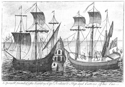 En spansk "Guarda Costa" (kustbevakningen) går ombord på kapten Jenkins skepp och skär av hans öra, 1731 av English School
