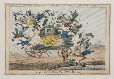 En ångbuss med en del av maskinerna som går fel, c.1825 av English School