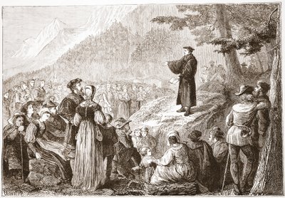 En schweizisk reformator som predikar för sin flock i det öppna fältet, illustration från The History of Protestantism av James Aitken Wylie (1808-1890), pub. 1878 av English School
