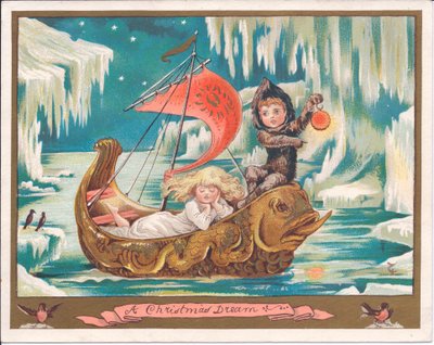 Ett viktorianskt julkort av en flicka som sover i en utsmyckad delfinbåt på ett fruset hav medan en pojkeälva håller i en lampa, ca 1880 (färg litho) av English School