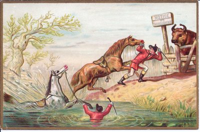Ett viktorianskt julkort av en häst som slår i vattnet medan den andra dras iland av sin ryttare, ca 1880 (färg litho) av English School