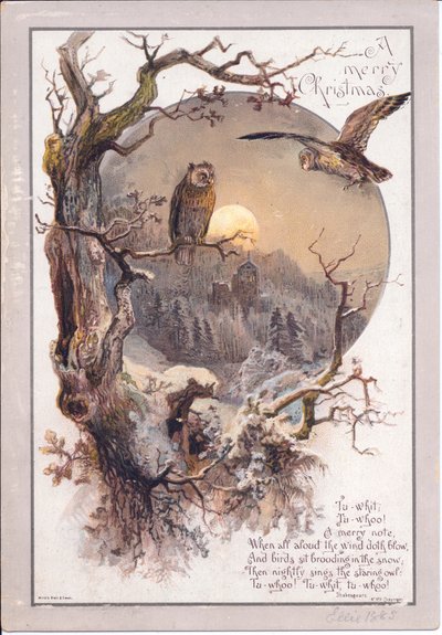 Ett viktorianskt julkort av en uggla uppflugen på en gren på en månbelyst natt, ca 1880 (färg litho) av English School