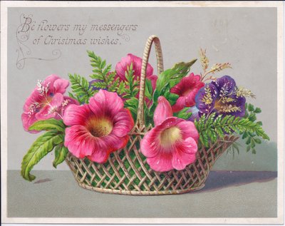 Ett viktorianskt julkort med blommor i en flätad korg, ca 1880 (färg litho) av English School