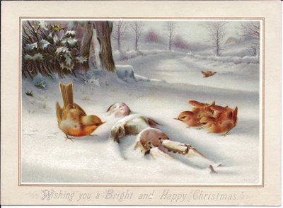 Ett viktorianskt julkort med robbins som tittar på en trädocka i snön, ca 1880 (färglitografi) av English School
