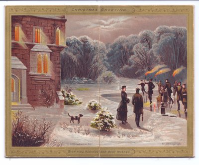 Ett viktorianskt julkort med skridskoåkare med flammande facklor som åker skridskor på en frusen sjö framför en herrgård med åskådare och en hund, ca 1880 av English School
