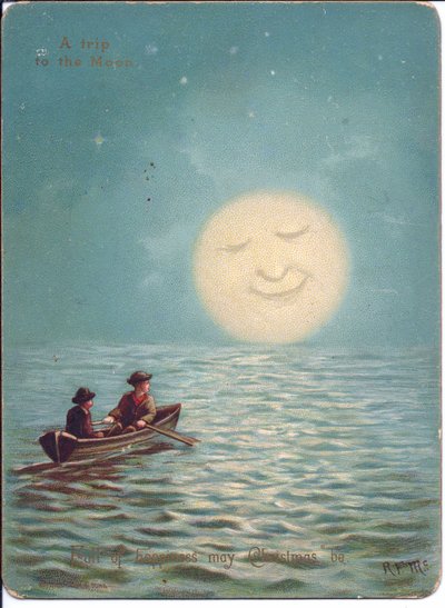 Ett viktorianskt julkort av två pojkar i en roddbåt på en månbelyst natt, ca 1880 (färg litho) av English School