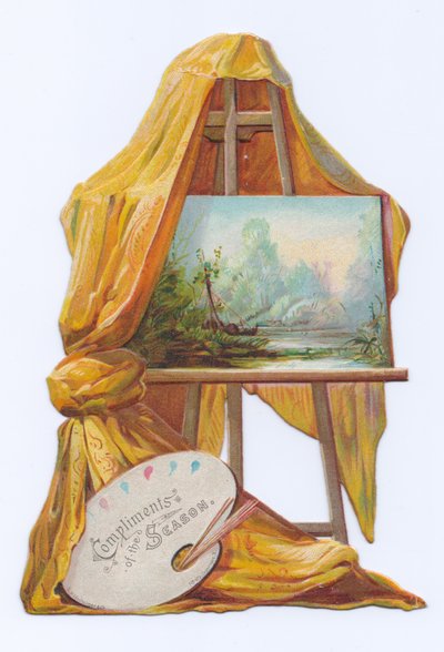 Ett viktorianskt stansat formkort av en målning på en konstnärs staffli med ett draperi på, ca 1880 (färglitografi) av English School