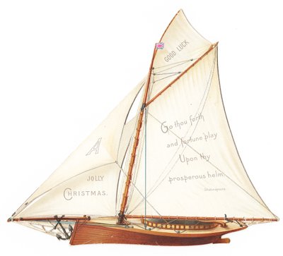 Ett viktorianskt stansat tredimensionellt julkort av en segelbåt, ca 1880 (färglitografi) av English School