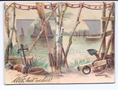 Ett viktorianskt gratulationskort av segelfartyg sett genom en gasväv, ca 1880 av English School