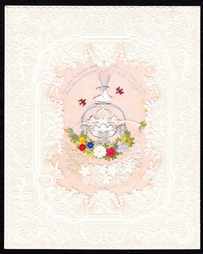 Ett viktorianskt alla hjärtans dag-kort av pappersspets med en fontän med blommor, ca 1870 (färglitografi) av English School