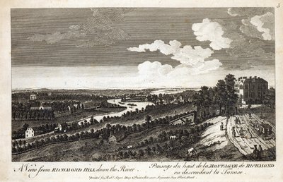 En utsikt från Richmond Hill nedför floden, tryckt för Robert Sayer Map und Printseller, Fleet Street av English School