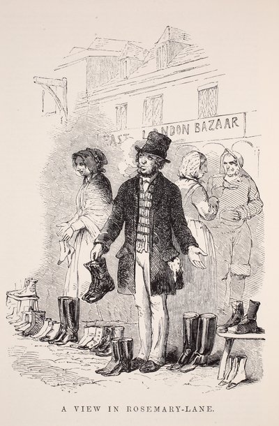 En vy i Rosemary-Lane, illustration från London Labor och London Poor av Henry Mayhew, pub. 1862 av English School