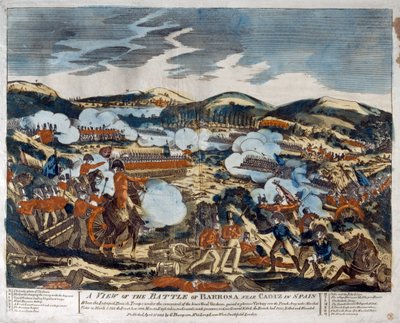 En utsikt över slaget vid Barossa, 1811 (färgat träsnitt) av English School