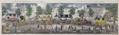 En vy över boulevarderna i Paris med de nya vagnarna, 1828 (färggravyr) av English School