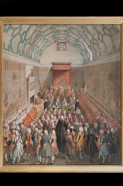 A View of the House of Lords, graverad av Benjamin Cole (fl.1748-75) c.1755 (handfärgad gravyr) av English School