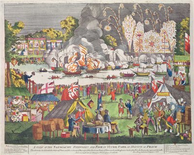 A View of the Naumachy, Fireworks and Fair in Hyde Park in Honor of Peace, publicerad av G. Thompson, 1814 av English School