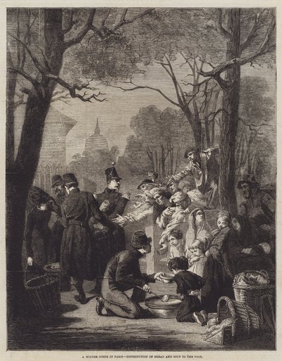 En vinterscen i Paris, utdelning av bröd och soppa till de fattiga (gravyr) av English School