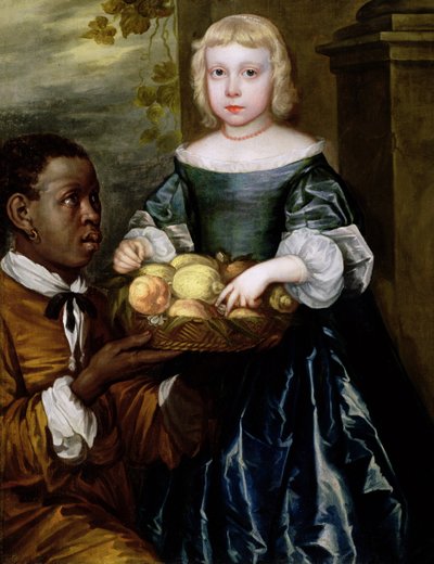 En ung flicka som erbjuds en fruktkorg av en tjänare, c.1650 av English School